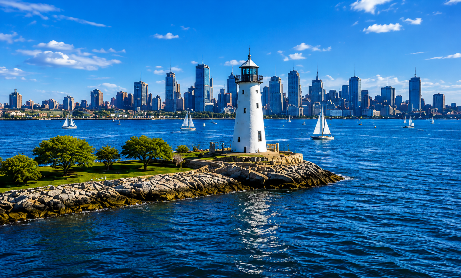 Boston Harbor lighthouse with the city skyline beyond the water
