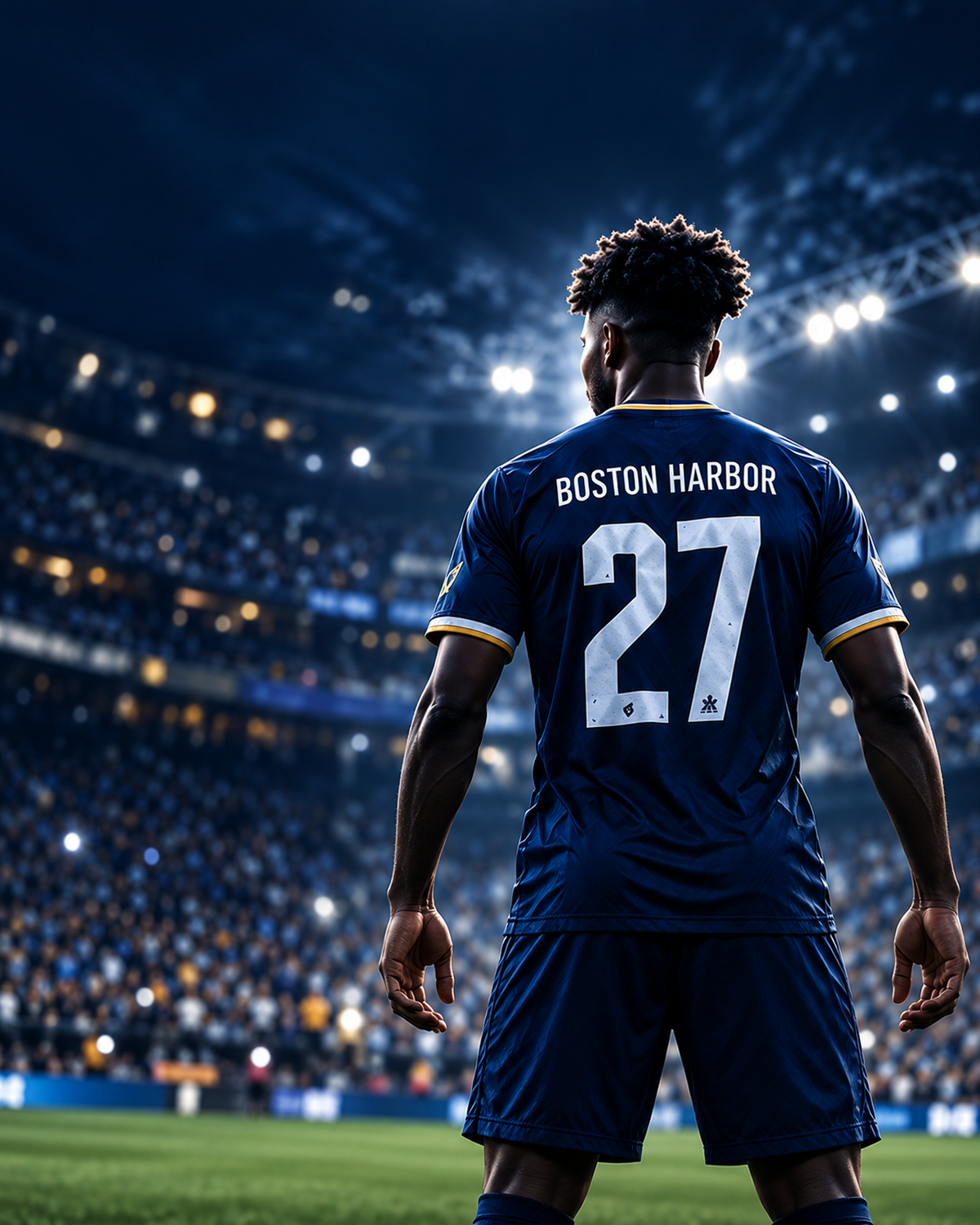 Boston Harbor FC player in navy kit standing in a lit stadium
